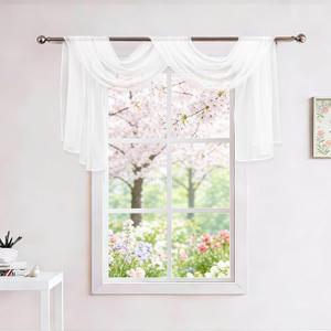 Showgeous 2 Panels White Window Scarf Valance Sheer Canopy Bed Curtains 52" X 144" Extra Long Topper Window Treatment Elegant Curtain Scarves Soft Voile Swag Curtain Drapes for Wedding Arch Home Decor
