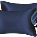 Juwenin Bedding,Luxury Satin Pillowcase with Zipper (Silky Satin Pillow Case for Hair) Set of 2 (NavyBlue, King (20''x36')