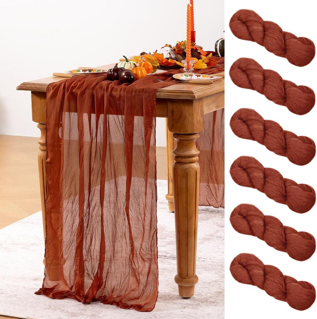 DeZerlor Terracotta Cheesecloth Table Runner Burnt Orange 6 Pack Spring Table Runners 120 Inches Rust Cheese Cloth Table Decor for Wedding Bridal Baby Shower Valentine's Day