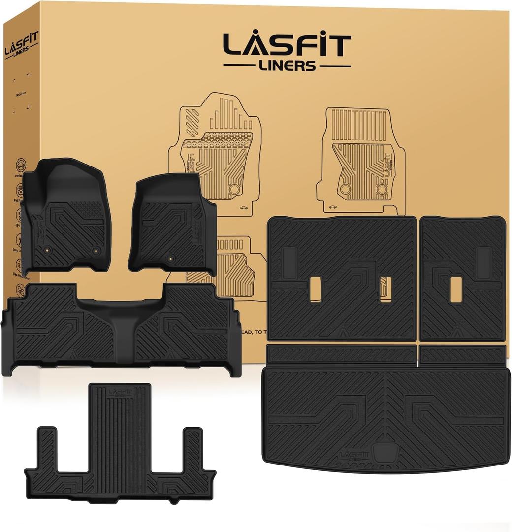 LASFIT Floor Mats & Cargo Mat with Backrest 2021-2026 & Only 7 Seats(Not for 8/9 Seats) for Chevy Tahoe/GMC Yukon(Only Yukon, Not Fit Yukon XL)/Cadillac Escalade(Only Escalade, Not Fit Escalade ESV)