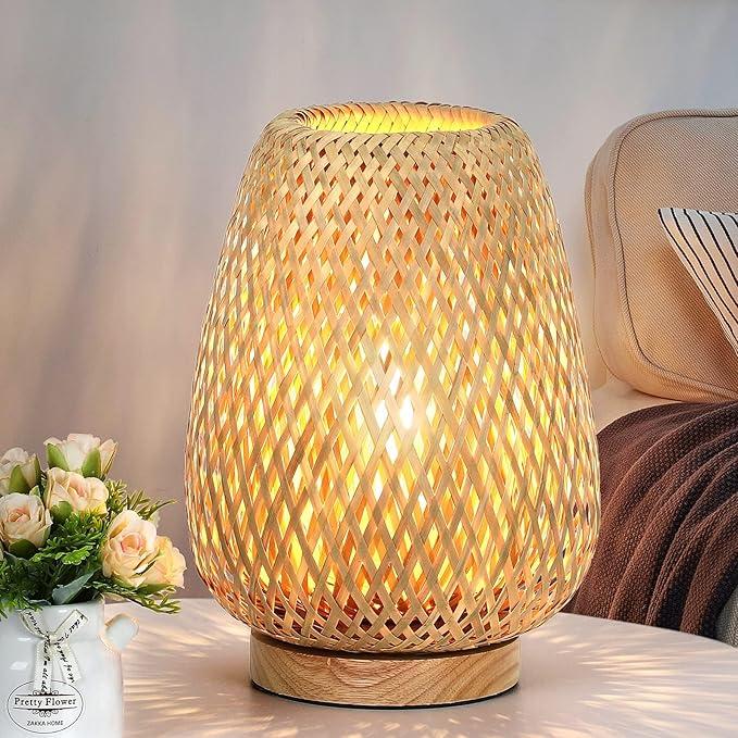 Rattan Table Lamp, Stepless Dimmable Small Beside Lamp, Vintage Wicker Wooden Nightstand Boho Bamboo Woven End Table Lamps for Bedroom Living Room Desk Kids Room, 2700K T45 LED Bulb Included