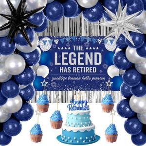 Retirement Party Decorations Blue Silver, Happy Retirement Decorations for Men Women, The Legend Has Retired Banner Backdrop Party Supplies Kit Starburst Balloons Retired Cake Topper 46PCS
