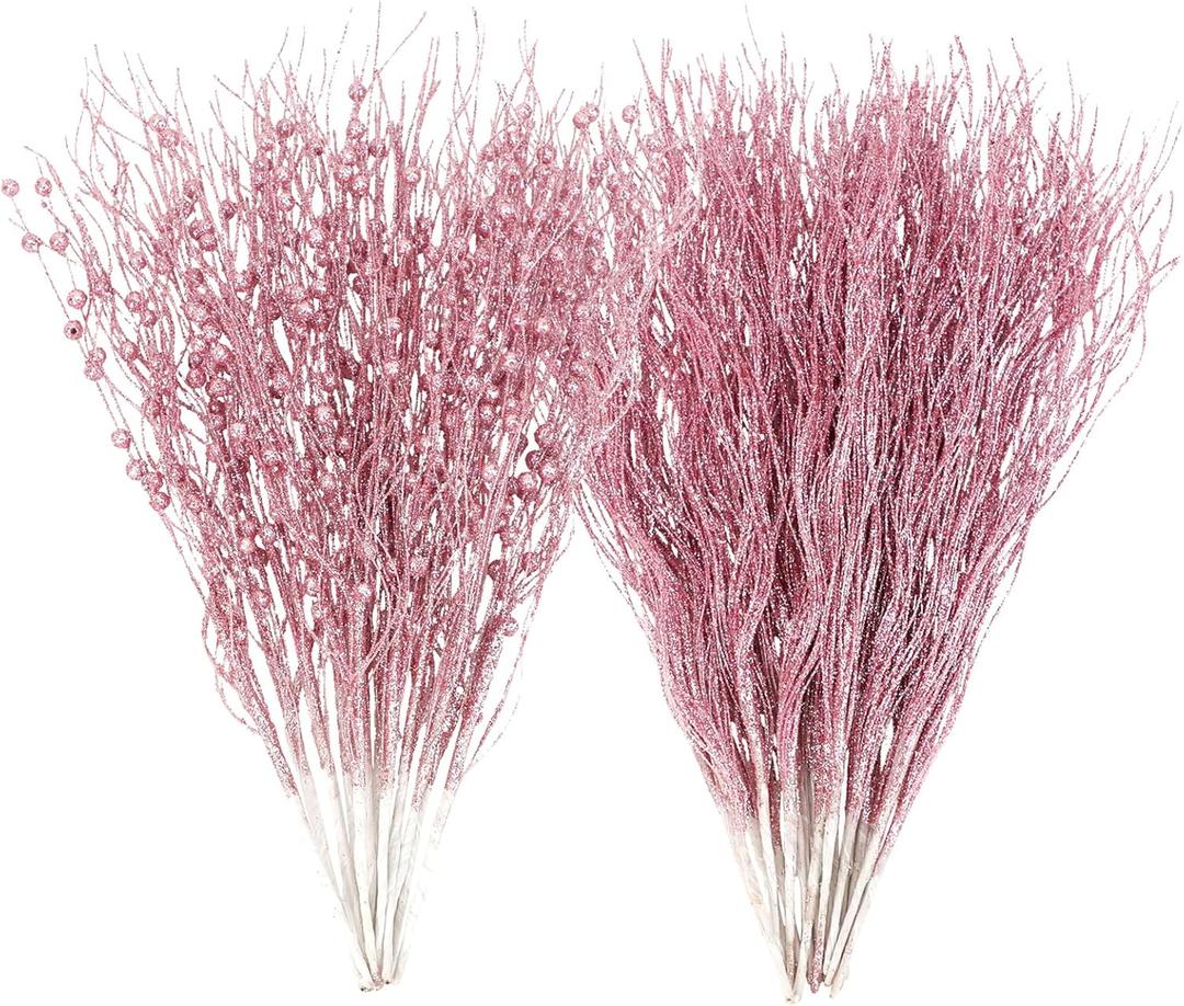 SUPREME XMAS 30 Pack Artificial Glitter Berry Stem Ornaments, Pink Christmas Ornaments Branches Picks Set for Xmas Tree Decorations Gift Small Vase Wreath Fireplace Home Holiday Wedding Party Decor