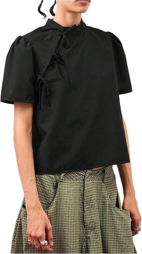 OYOANGLE Women's Y2K Cheongsam Blouse Short Puff Sleeve Slim Fitted T Shirts Cute Summer Going Out Tops L 