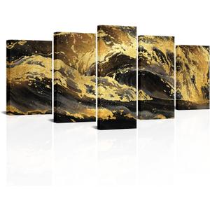 Visual Art Decor Large 5 Pieces Abstract Black and Gold Canvas Wall Art Pictures for Home Living Room Bedroom Decoration (Wave, Total 50x24)