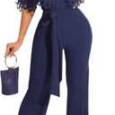 YouSexy Off Shoulder Jumpsuit for Women High Waist Wide Leg Long Pants Belted Romper Jumpsuits (Small, Navy Blue)