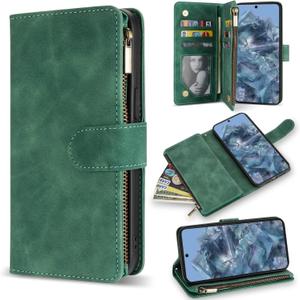ZZXX for Google Pixel 8 Pro Case Wallet with RFID Blocking Card Slot Premium PU Leather Zipper Flip Folio Wallet with Wrist Strap Kickstand Protective for Pixel 8 Pro Wallet Case(Green 6.7 Inch)
