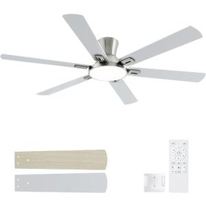 60 Inch Brushed Nickel Ceiling Fans with Lights, Flush Mount Ceiling Fan | Low Profile 6 Blades Quiet Reversible DC Motor for Living Room, Bedroom and Patio
