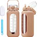 42oz/52oz/64oz Glass Water Bottles with Straw Half Gallon Large Motivational Water Bottle with Time Marker Sports Water Bottles with Silicone Sleeve and Handle Lid Water Jug for Gym Workout (Amber)