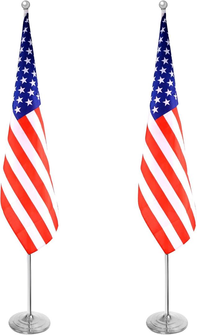 Indoor Flagpole Kit with Weighted & Thickened Base 6-8FT,Adjustable Aluminum Commercial Indoor Flag Pole for Office School City Hall,Heavy Duty Indoor Telescoping Flag Pole,Silver 2PACKS