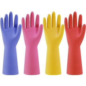 Bamllum Rubber Kitchen Dishwashing Gloves - 4 Pairs Colorful Reusable Household Cleaning Gloves for Washing Dishes and Cleaning Tasks, Flexible Long-lasting and Non-Slip (Large, Blue+Pink+Yellow+Red)
