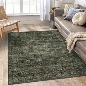 Vintage Green 5x7 Living Room Rug Non Slip,Washable Boho Rugs for Bedroom Aesthetic,Traditional Indoor Dining Room Throw Carpet for Office Playroom Dorm Decor (Olive Green/Grey,5 x 7)