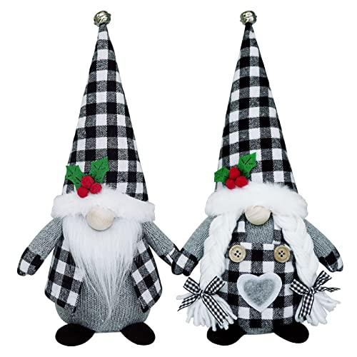 Christmas Gnomes Plush with Grey Buffalo Check,2 Pack Handmade Christmas Valentine Tomte Swedish Scandinavian Figurine Nordic Gnomes Plush Christmas Elf Doll Xmas Ornaments for Home Decor