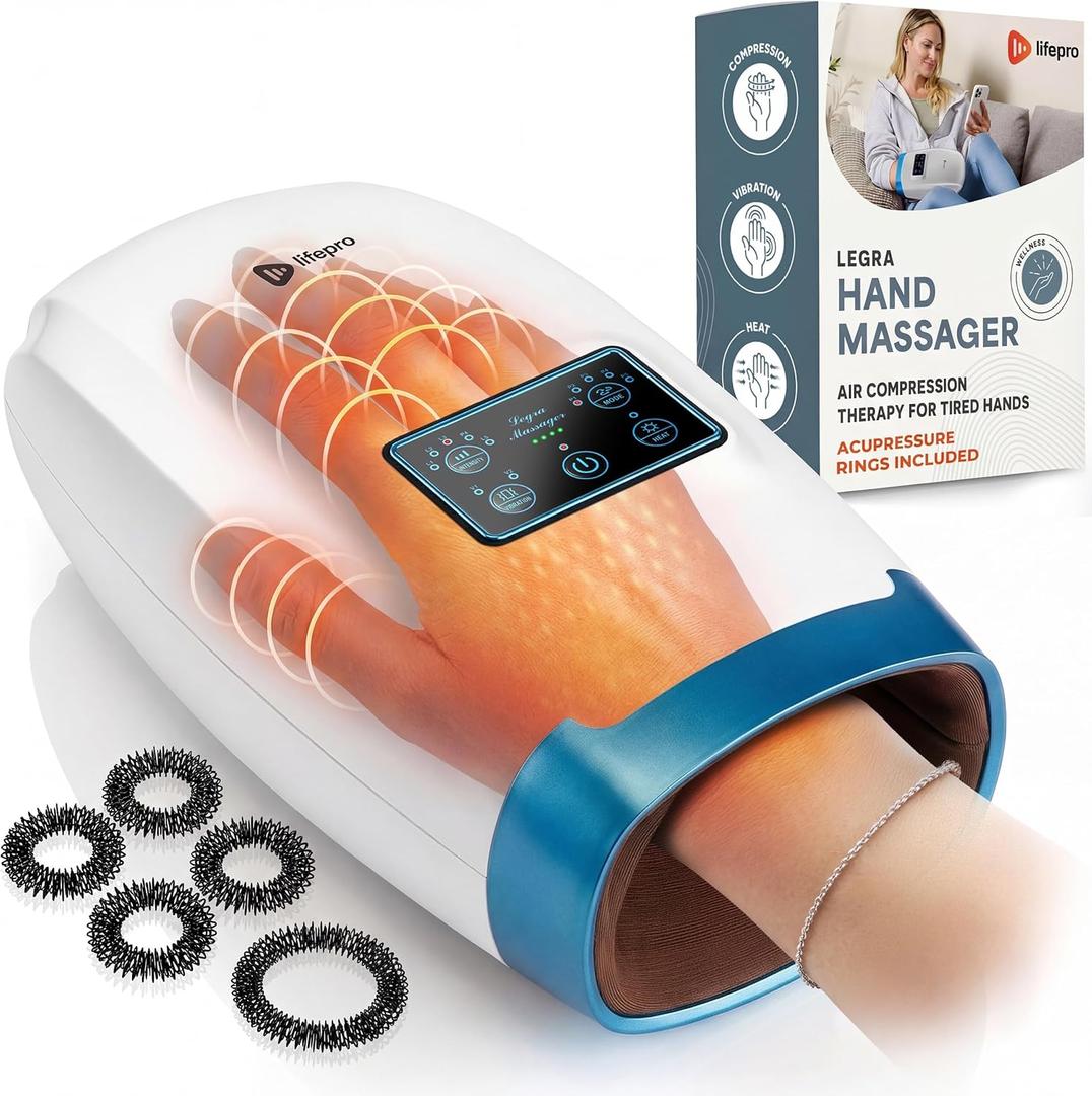 LifePro Legra Hand Massager with Heat and Compression - Finger, Wrist, and Palm Massager with 5 Modes - Pressure Point Therapy for Sensitive Hands, Relaxation, and Comfort