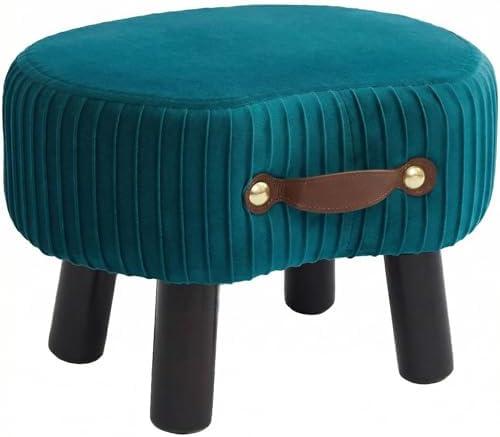 Leesingdo Small Footstool with Handle, Velvet Ottoman Foot Rest with Padded Seat, Curved Foot Stool with Wooden Legs, Portable Foot Rest for Living Room, Bedroom, Entryway, Peacock Blue
