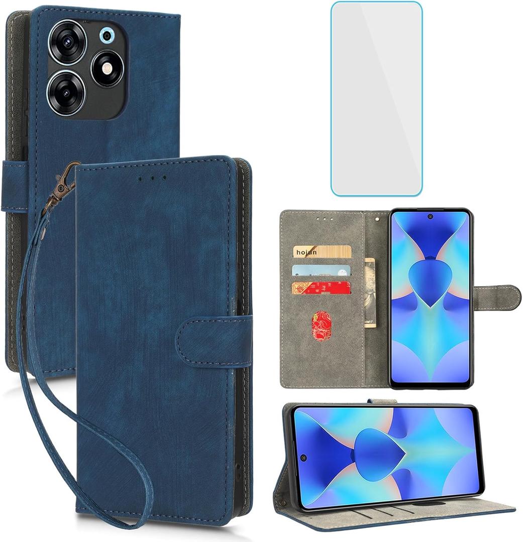 for Tecno Spark 10 Pro Wallet Phone Case with Screen Protector [RFID Blocking] Leather Flip Card Holder Kickstand Wristlet Women Men Cell Phone Case for Tecno Spark10 Pro KI7 Spark 10Pro Blue