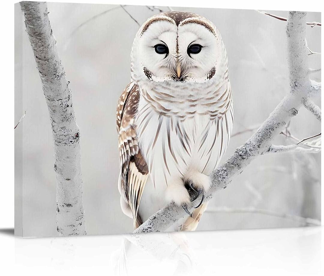 Winter Owl Canvas Print Wall Art - Cute White Owl Perch On Tree Branch - Wall Decor Modern Artwork Paintings Pictures for Living Room Stretched and Framed Ready to Hang - 24" x 36"