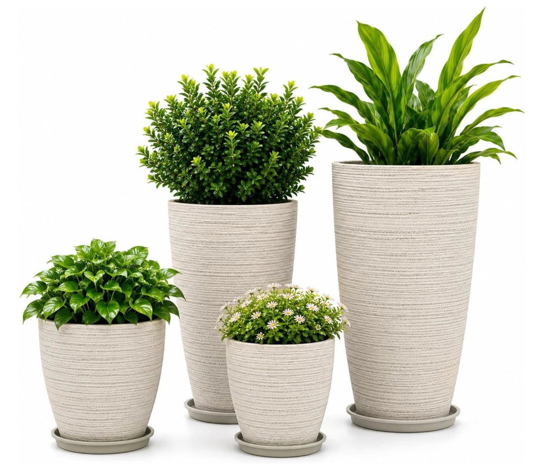 Usocik Large Outdoor Planters, Set of 4, 10/12/21/24 Inch, Beige Matte
PP resin planters with drainage, saucers and mesh inserts for indoor spaces, patios, porches, entryways and gardens.