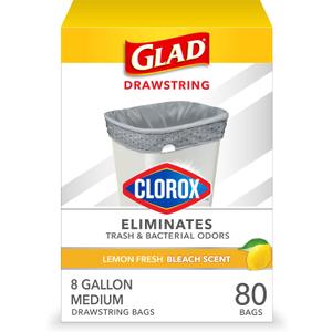 Glad Medium Trash Bags, 8 Gallon, Lemon Fresh Bleach Garbage Bags, Resists Bacterial Odors with Drawstring, 80 Count
