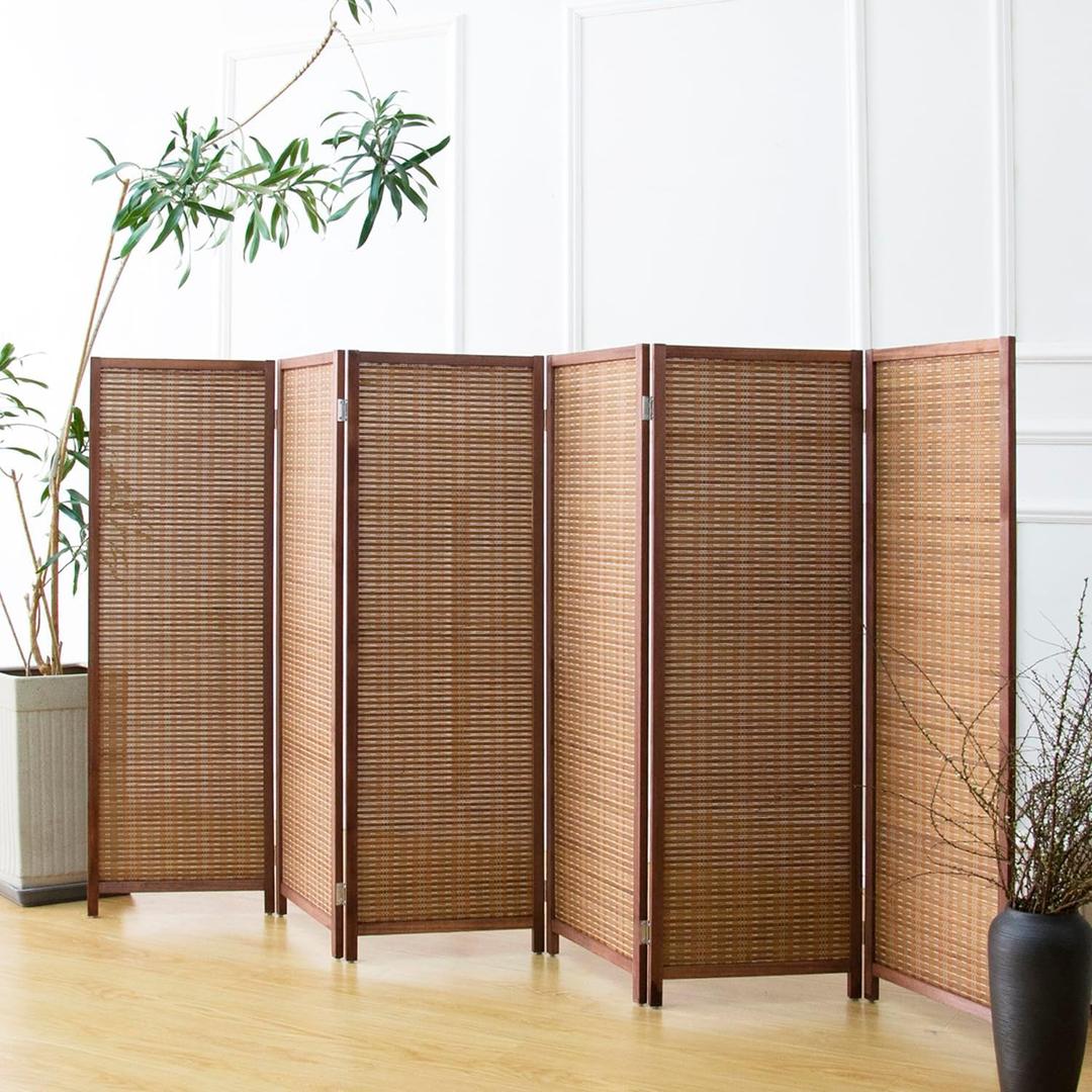 6 Panel Room Divider Short Folding Screen Divider,Double Sided Bamboo Panel Divider for Room Separation,Brown,47.2" H x 92.1" W