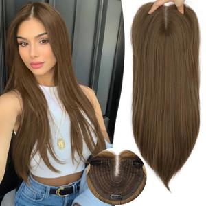 Eawwii Ash Copper Brown Synthetic Hair Toppers for Women with Thinning 3D 360 Cover Clip in Wispy Bangs Upgraded Adjustable Bandage 24 Inch Long Layered