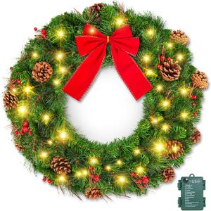 Brightown 24 Inch Pre-Lit Christmas Wreaths for Front Door, IP44 Battery Operated 50 LED Christmas Wreath, Decor with Pinecones Pine Needles Branches Red Berry Mini Bow for Front Door Wall Window