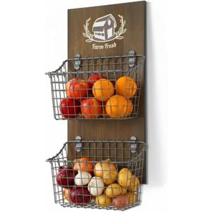Duraaamo 2 Tier Hanging Wall Fruit Basket for Kitchen Hanging Friut Baskets Wall Mount Fruit Basket Hang Potato and Onion Storage Bin with Chalkboard Rustic Walls Baskets for Kitchen Gifts