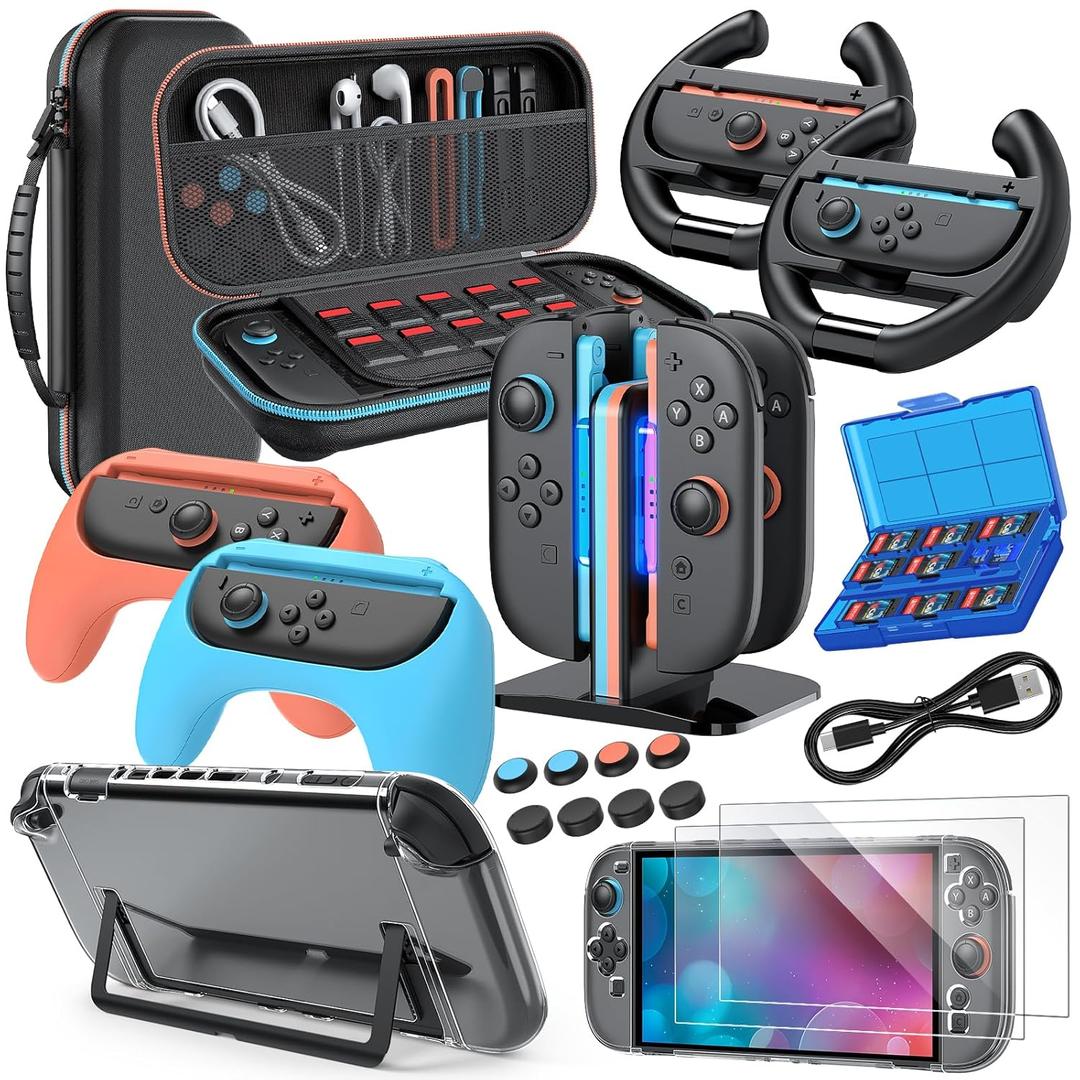 Switch 2 Accessories, Bundle Case for Nintendo Switch 2 (2025), MENEEA 20-IN-1 Kits: Carrying Case, Controller Charger Dock, Grips for Joy Con,Steering Wheels for Mario Kart,Protective Cover for Controller Console for Switch 2 (Black)