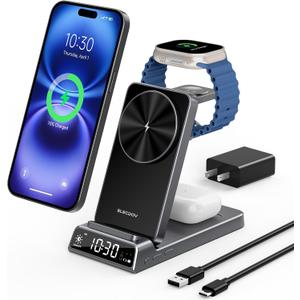 3 in 1 Charging Station for Apple, ELECDOV Magnetic Charger for iPhone, Foldable Wireless Charger with Clock, Travel Watch Charger Stand for iPhone 17/Air/16/15 Series, iWatch 10/AirPods 4 (Grey)