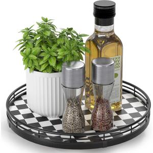Black and White Kitchen Lazy Susan Turntable  Checkered Round Decorative Tray, 10 Table Top Oak Wood Lazy Susan for Cookies, Dining Table Organizer, Small Kitchen Table Centerpiece