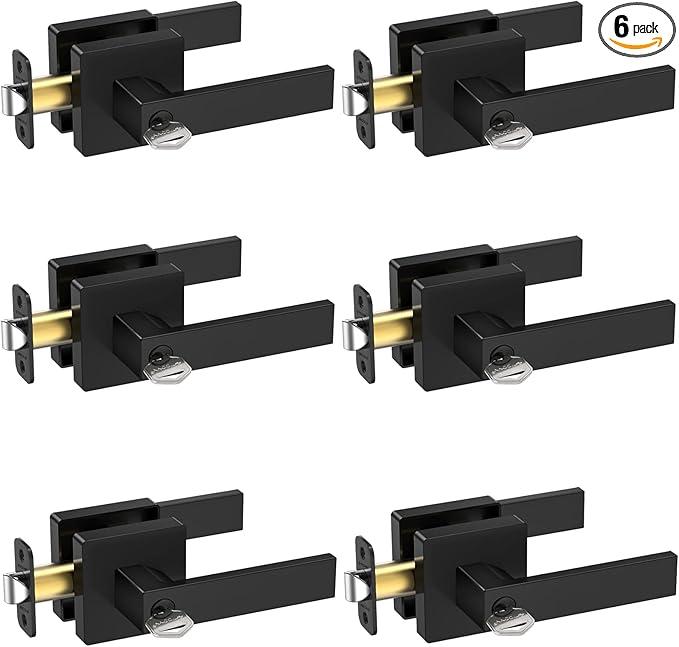 TICONN 6 PK Matte Black Door Handles Interior, Reversible Square Door Levers Knob for Hallway, Bedroom, Bathroom (Privacy, Zinc Alloy)