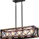 Giluta Rectangle Wood Metal Pendant Light Kitchen Island Chandelier Black Finish Rustic Industrial Chandelier Vintage Ceiling Light Fixture 5 Lights with Glass Shade (17810)