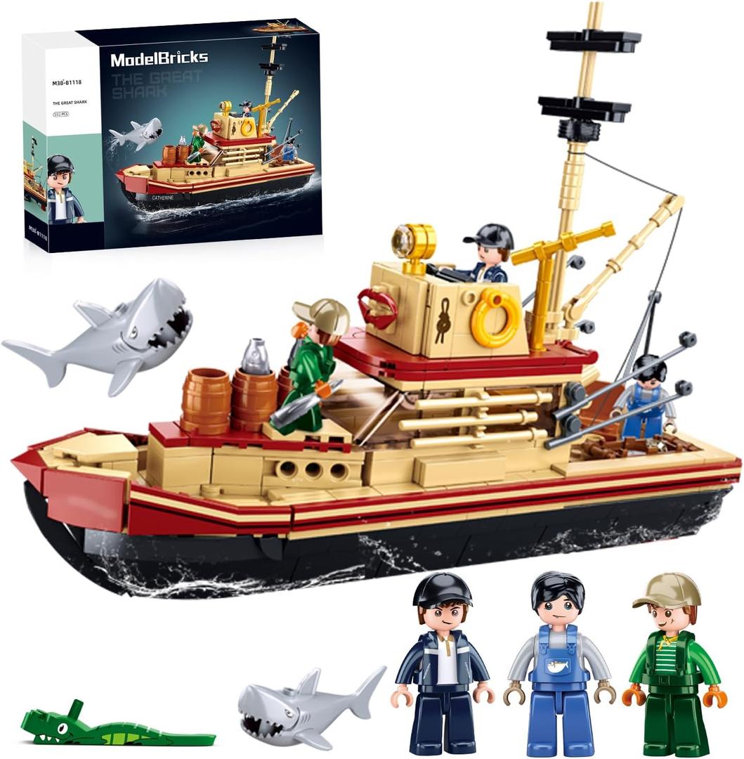 Fishing Boat Building Toy with Shark, Fishing Ship Building Kit with 3 Fisherman Minifigures, Birthday Valentine's Day Gifts for Adults Kids, Compatible with Lego Boat, 592 PCS