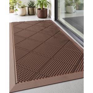 DEXI Front Door Mats Outside Entrance, 17x36 Rubber Waterproof Dirt Trapping Entry Mat for Entryway, Heavy Duty Non-Slip Low-Profile Welcome Doormat All Weather for Patio, Brown