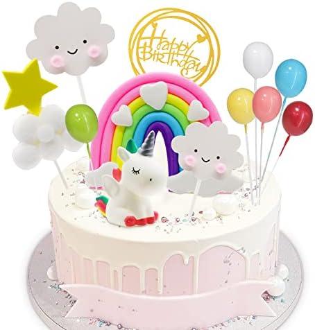 Yisquar Unicorn Cake Decoration 24 PCS Rainbow Cakes Topper Unicorn Birthday Cakes with Rainbow Heart Cloud Balloon Happy Birthday Decoration Ball Cupcake Picks for Boys Girls Party Baby Shower 2 PACK