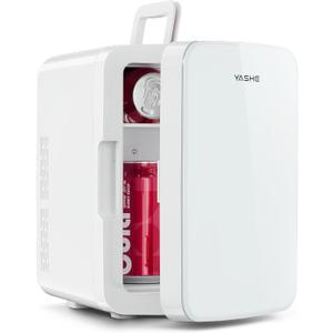YASHE 10L Mini Fridge, 10 Liter/15 Cans Mini Fridge for Bedroom, 110V AC/ 12V DC Thermoelectric Cooler and Warmer, Portable Mini Fridge for Skincare, Makeup, Drink, Car, Office, Bedroom, Dorm, White