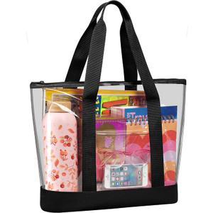 Handy Laundry Clear Tote Bag - Zipper Closure, Long Shoulder Strap, Fabric Trimming. (Black)