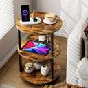 Small Round End Table - 3 Tier Design Accent Table, Narrow Side or Bedside Stand, Industrial Vintage Table for Small Spaces, Built-in USB Ports and Power Outlet, Rustic Brown (1 Pack)
