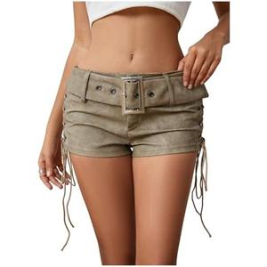 MakeMeChic Women's PU Leather Lace Up Ruched Tie Side Micro Shorts Low Waist Belted Festival Rave Mini Short XS