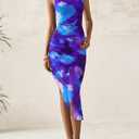 PRETTYGARDEN Women 2025 Summer Mesh Dress Spaghetti Strap Cowl Neck Print Ruched Bodycon Dresses Asymmetrical Long Dress (Blue)