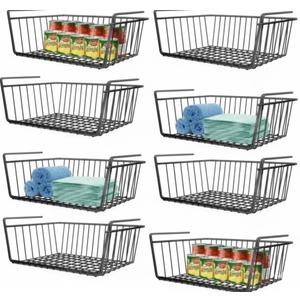 8 PACK Hanging Under Shelf Storage Basket Kitchen Cabinet Organizer Storage, Slides Under Wire Shelves for Counter Pantry Desk Bookshelf, black