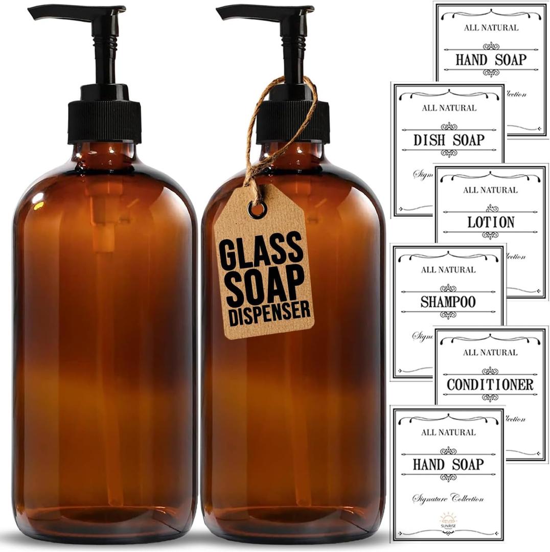 Sunrise Premium, 16 OZ Thick Amber Glass Soap Dispenser with Pump 2 Pack, Hand and Dish Soap Dispenser Set for Bathroom with 6 Waterproof Labels