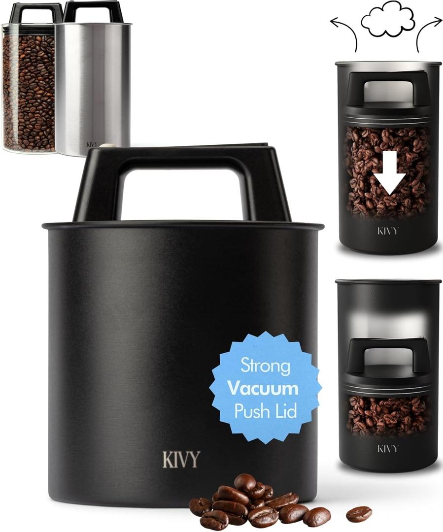 KIVY Vacuum Coffee Canister - Push Lid Preserves Coffee Aroma & Oil - Stainless Steel Airtight Coffee Canister - Coffee Container - Removes Excess Air (Small, Black)