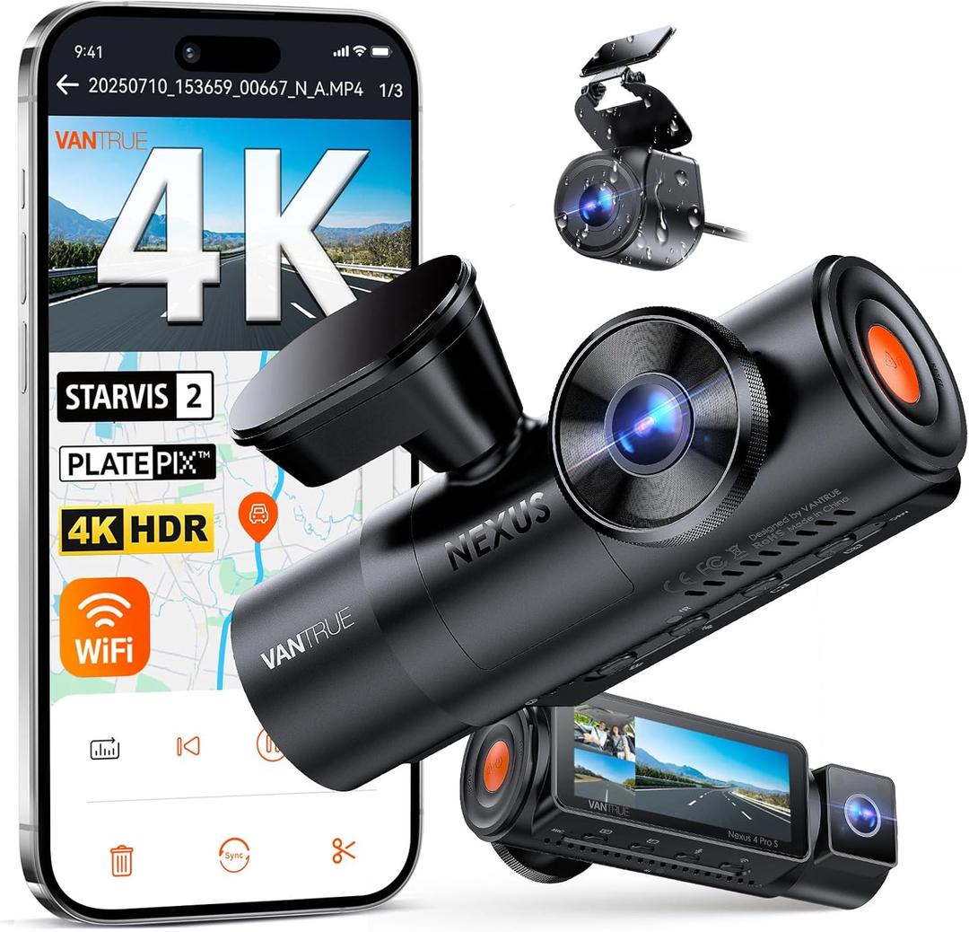 Vantrue N4 Pro S 4K 3 Channel Dash Cam w/Triple STARVIS 2, 4K+1080P+2.5K Front Inside Rear Dash Camera, 4k+2.5K Dual Channel, HDR IR Night Vision, Voice Control, Parking Mode, GPS, Wi-Fi, Support 1TB