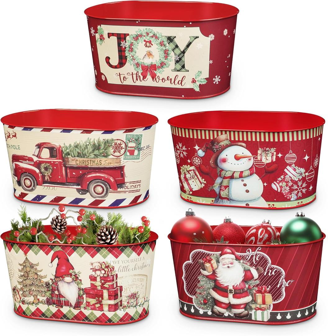 Putuo Decor Christmas Metal Bucket, 5-Piece Set - Galvanized Tin Party Buckets for Centerpiece Decoration, 9 in