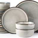 GBHOME Ceramic Dinnerware Sets for 8, 24 Pieces Stoneware Plates and Bowls Sets, Scratch Resistant Dishes, Dishwasher & Microwave Safe, Reactive Glaze-Green Wheat