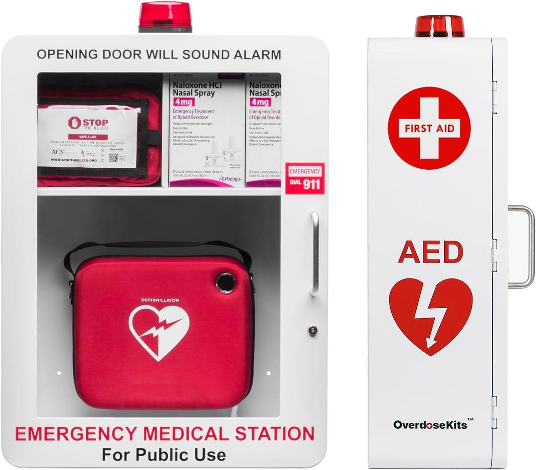 Emergency Medical Station – Wall Mount Cabinet for AEDs, Naloxone, Bleeding Control & First Aid Kits – Public Space Storage Solution – White, Large (AED & Accessories Not Included)