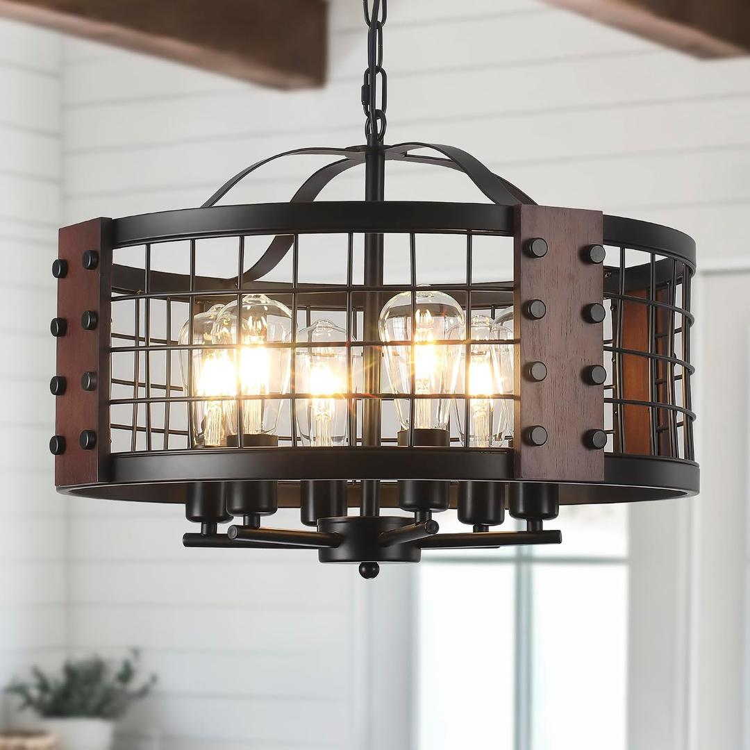 20" Black Farmhouse Chandelier Rustic Light Fixture for Dining Room 6 Light, 6-light wood grain