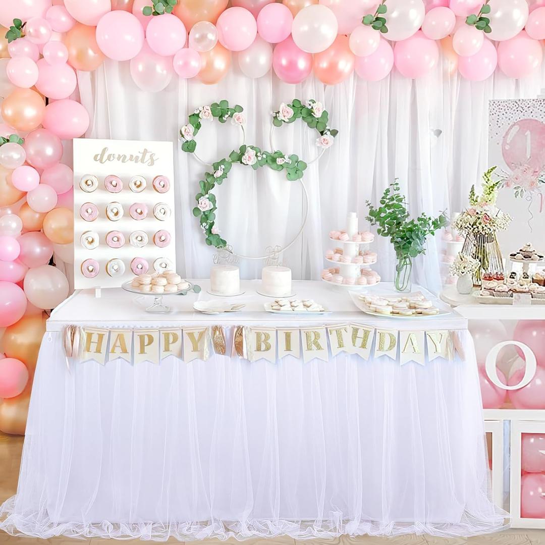 White Tulle Table Skirt for Rectangle Tables 6FT Table Skirting 2 Layer Birthday Party Tutu Table Cloth for Baby Shower Party Supplies (L6(ft)* H30in, White + Led Light)