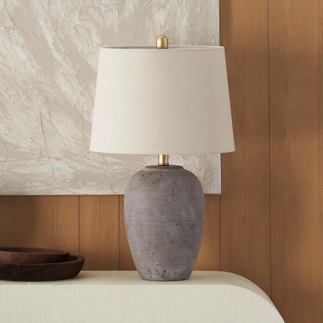Nourison Home 23" Greyish Brown Earth Tone Rustic Farmhouse Ceramic Table Lamp for Bedroom, Living Room, Dining, Office, with Beige Linen Shade (Single)